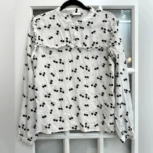 Vila White Ruffle Black Cherry Cherries Long Sleeve Blouse Size 40 EU 8 US M